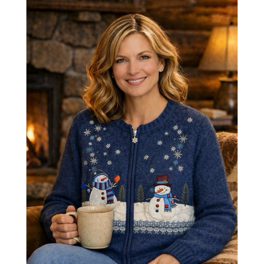 Blue Snowman Zip Cardigan Sweater Medium Winter Holiday Cozy Knit